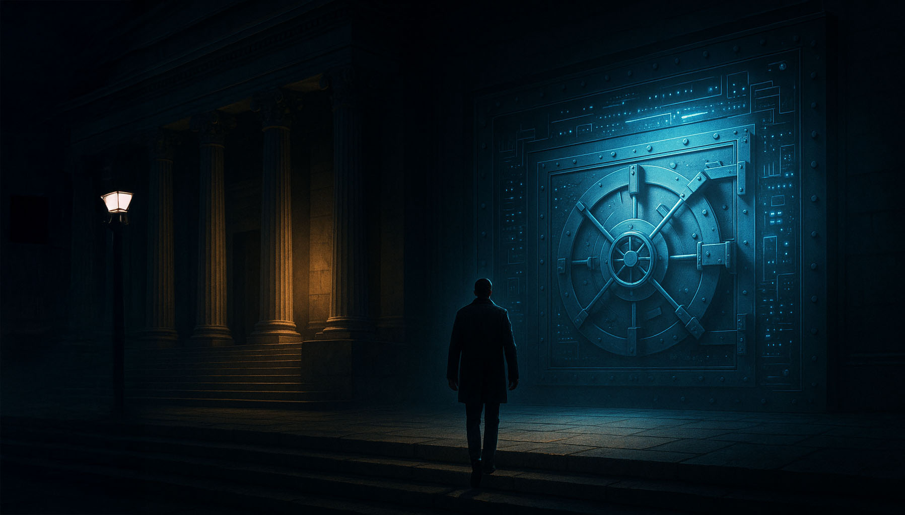 Hooded figure in a dark neon-lit alley holding a smartphone showing zero balance, symbolizing financial exploitation or digital vulnerability.