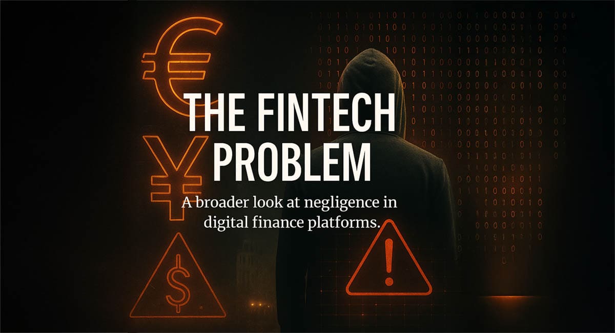 A dark-themed digital illustration with financial warning symbols and the title “The Fintech Problem,” symbolizing negligence in modern fintech platforms.